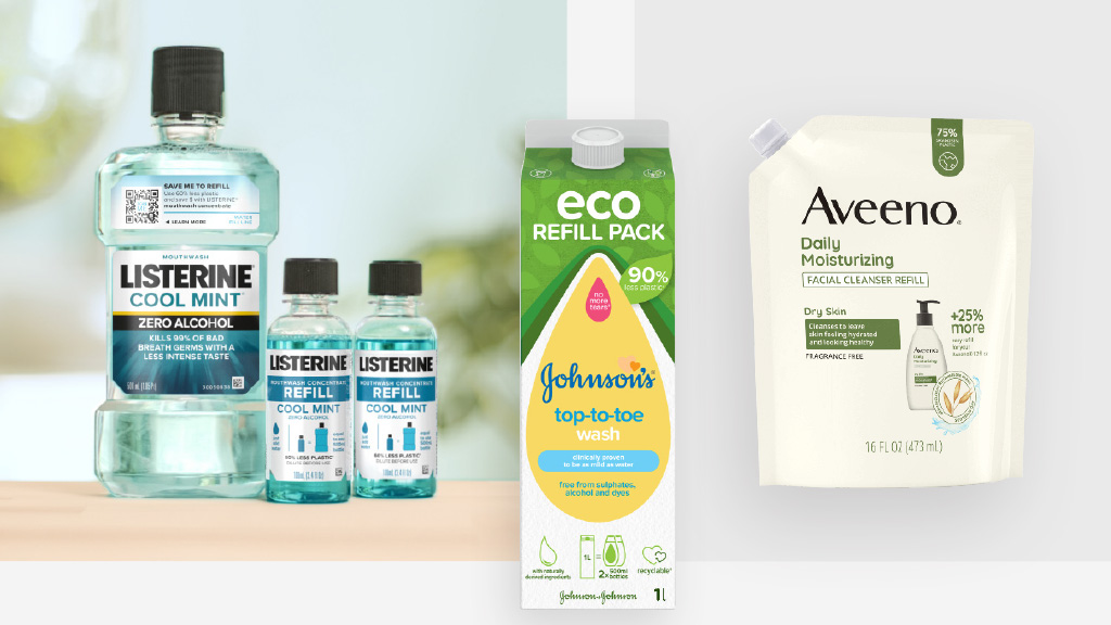 Sustainable packaging collage: Listerine, Johnson's top-to-toe wash, Aveeno (photo)