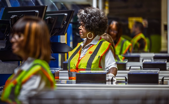 Focused employees with safety wests looking at computer screens (photo)